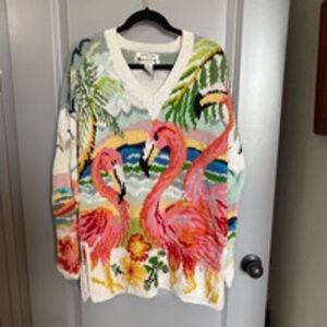 Women's Knitting Needle Sweater Size M White Pink Flamingo